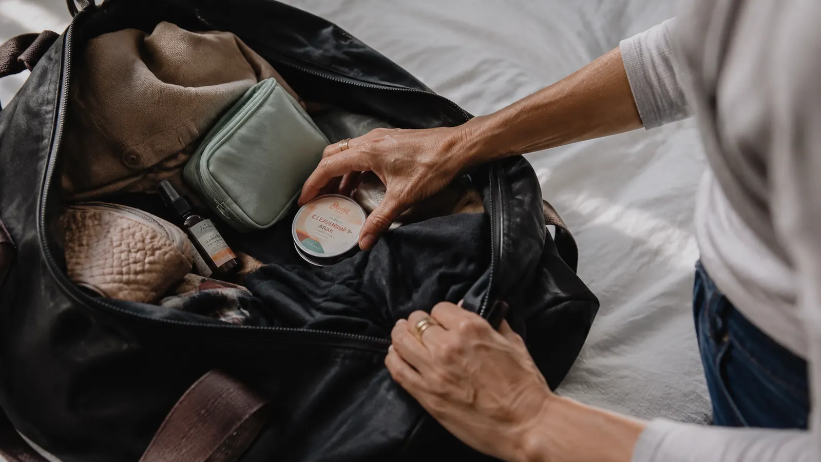 Travel bag packed with the compact cleansing balm tin for an overnight trip