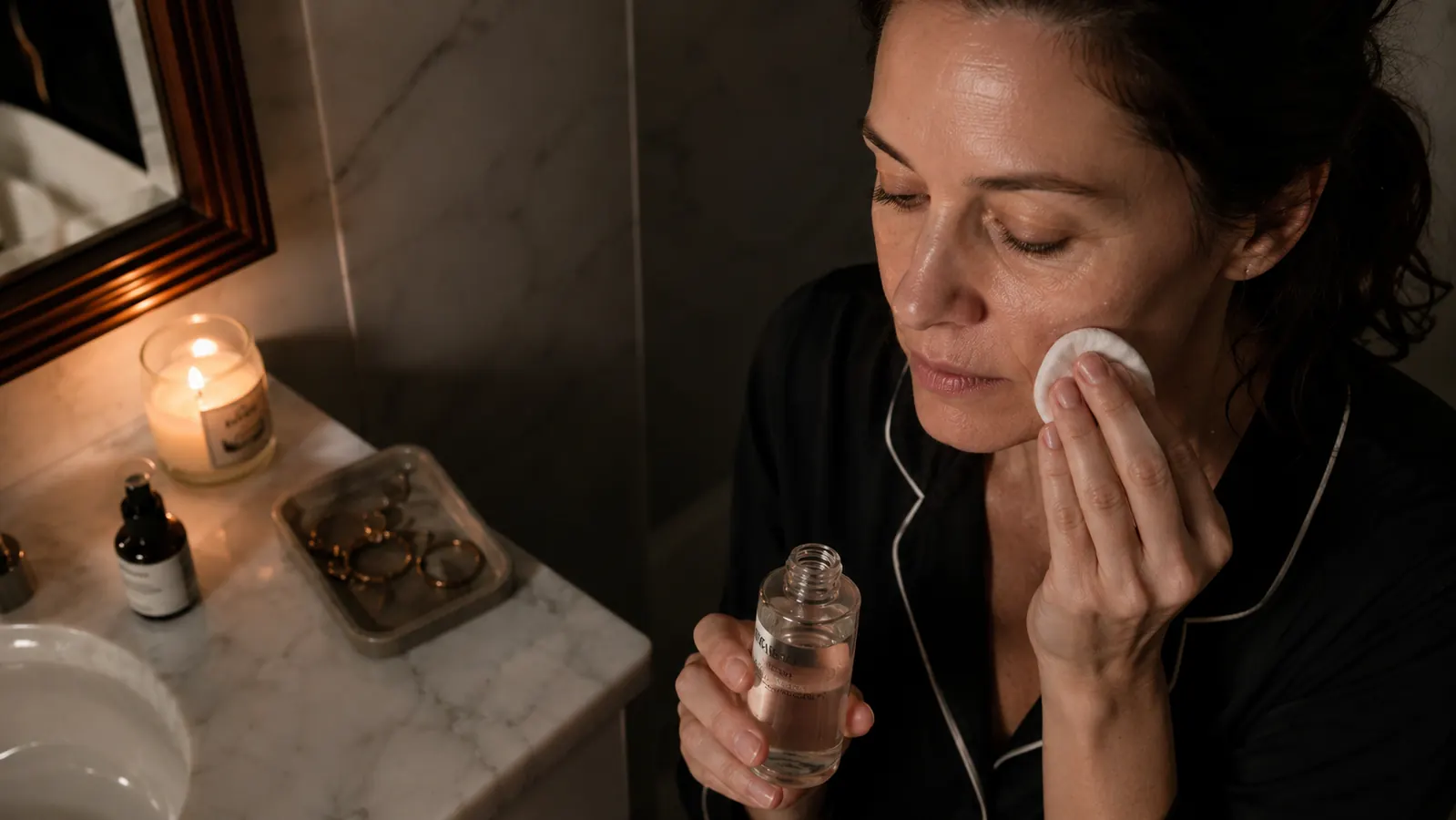 Flatlay of a snail mucin essence bottle beside a folded towel and a small dish of water droplets on a bathroom counter