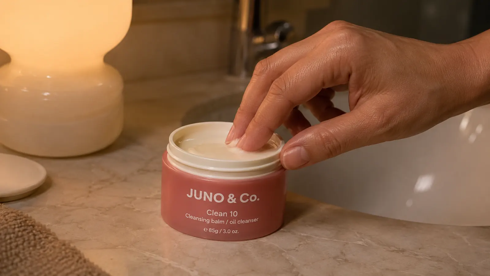 Hand scooping JUNO Clean 10 Cleansing Balm from its jar on a bathroom counter at night