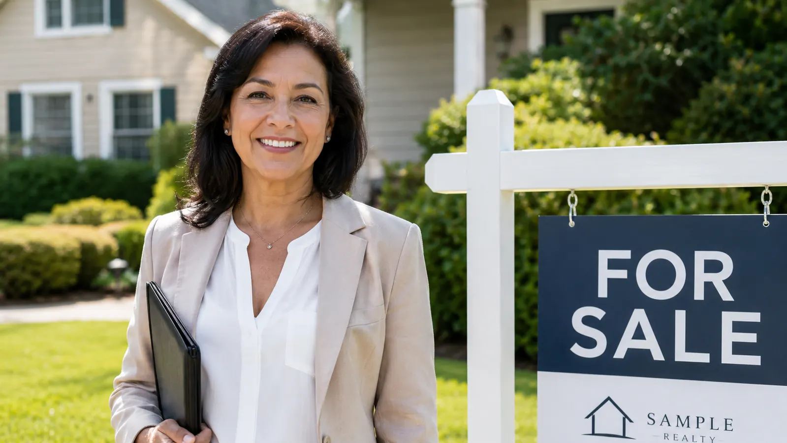 Woman confidently smiling in front of a for-sale sign, sunlight on her face, clear even complexion