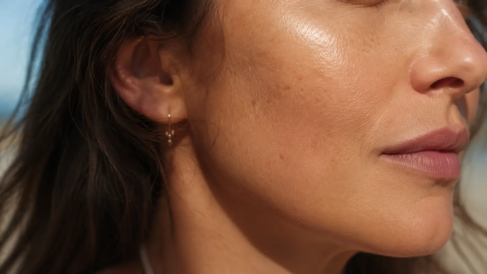 Close-up of a woman's bare cheek and jaw in natural daylight, calmer skin tone, freckles visible, no makeup