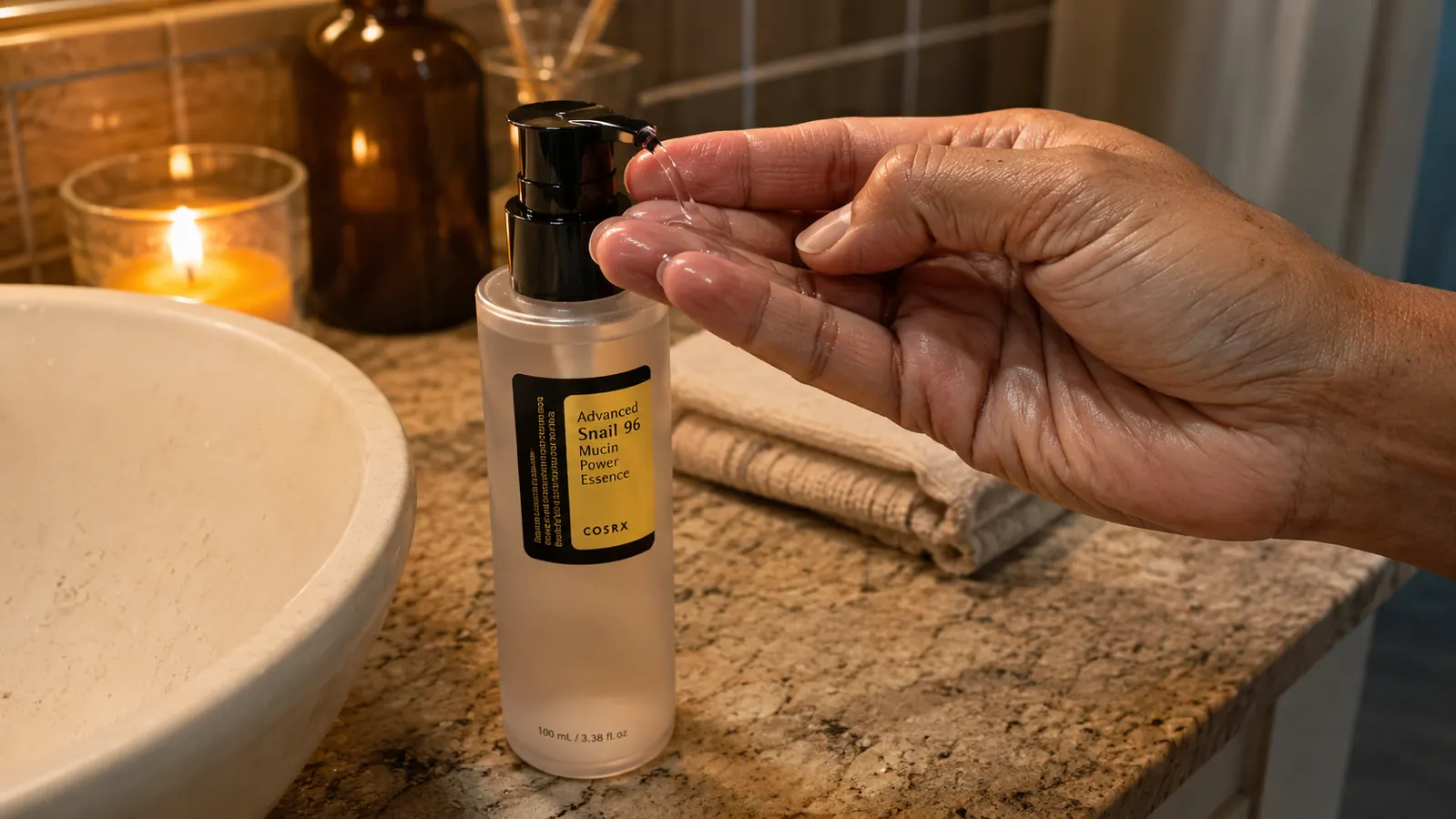 Close-up of a hand dispensing COSRX Snail Mucin essence onto fingertips with the bottle visible on a bathroom counter