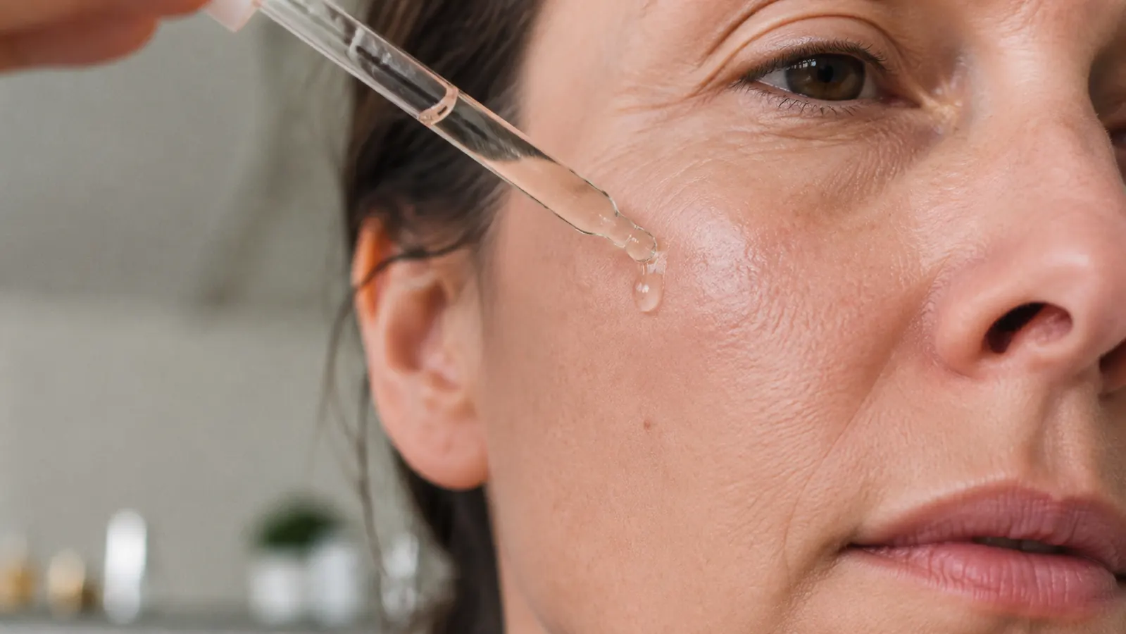 Close-up of a dropper applying hyaluronic acid serum to dry, tight-looking cheek skin
