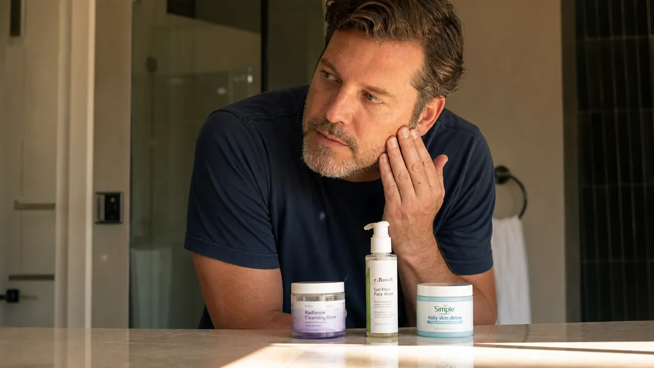 Bathroom counter with a jar of cleansing balm, a gel cleanser, and a moisturizer lined up in order of use