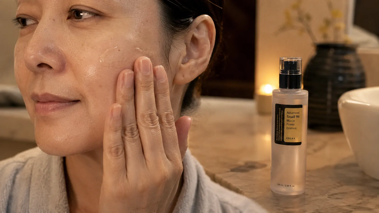 Hand pressing a thin layer of COSRX snail mucin essence into a cheek with the bottle visible on the counter