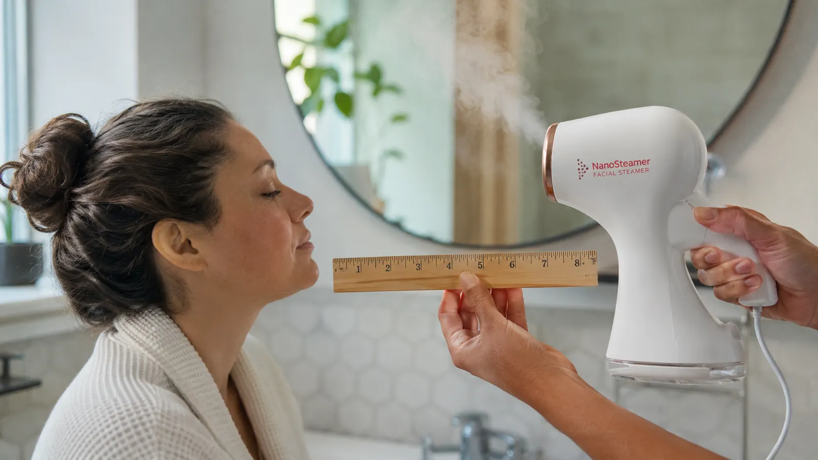 Close-up of hands measuring the distance between the NanoSteamer nozzle and a person's face before starting a session