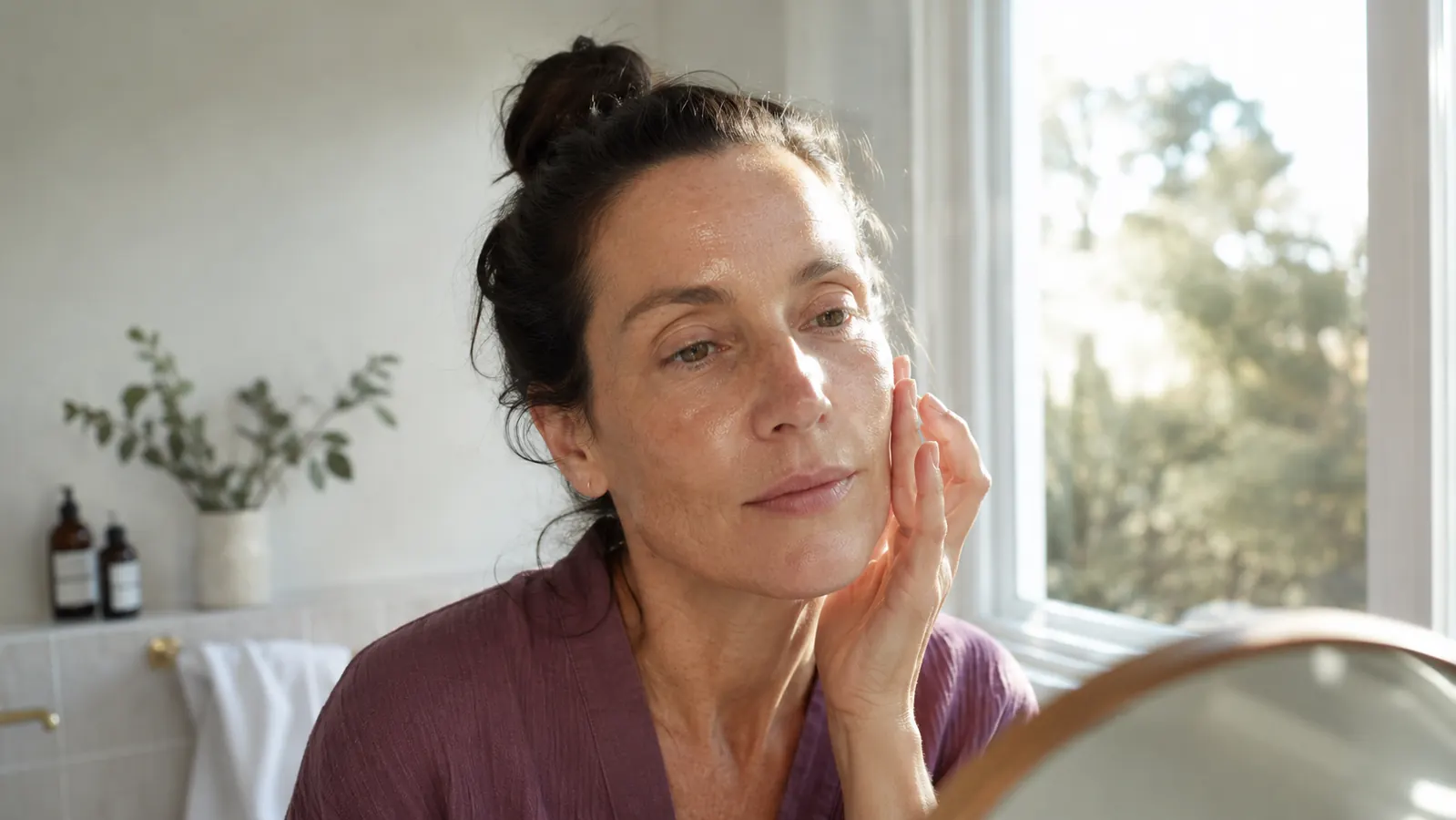 Bare-faced person patting toner onto damp skin near a window in daylight after a steaming session