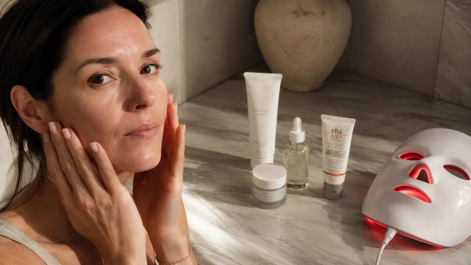 Skincare products lined up on a bathroom counter next to a red light therapy mask, morning routine