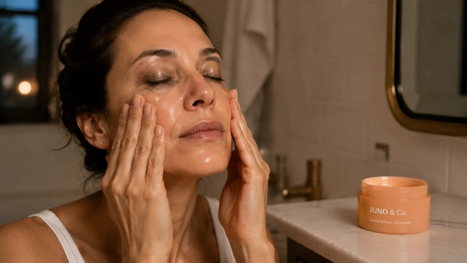 Hand massaging JUNO cleansing balm into the skin around the eyes to break down waterproof mascara and sunscreen