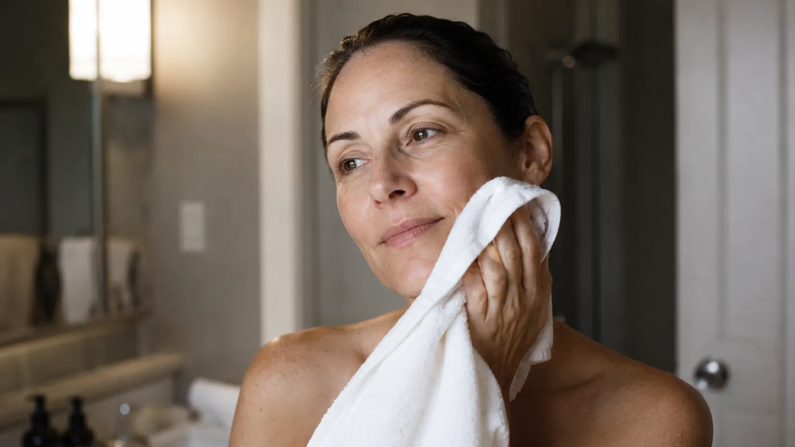 Woman patting her face dry with a towel after rinsing off cleansing balm, skin looking calm and hydrated