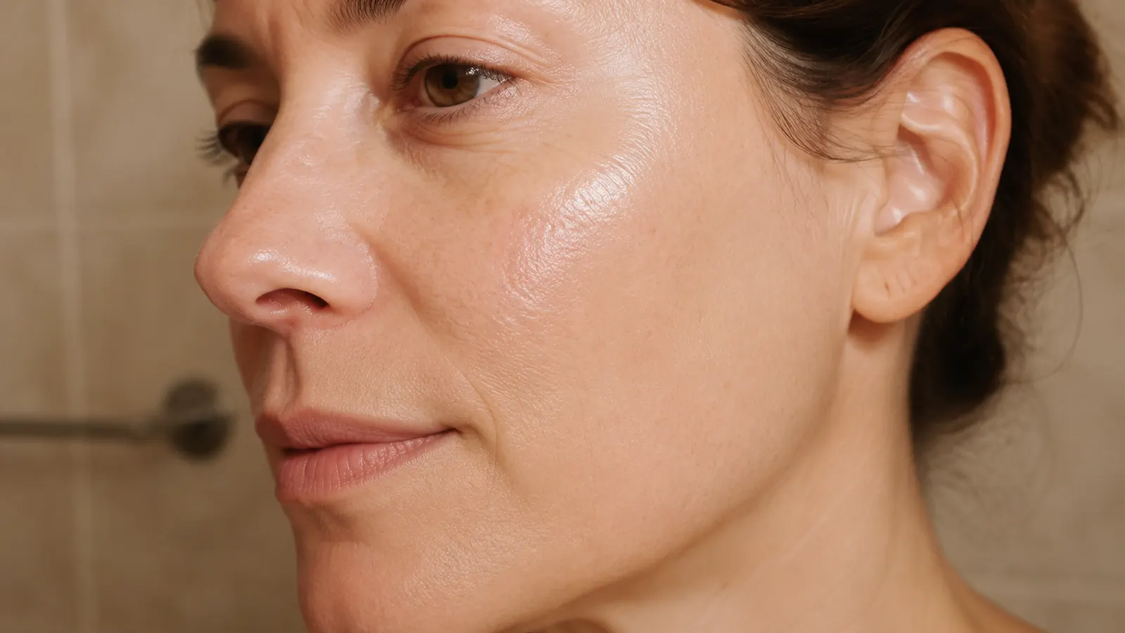 Close-up of clean, soft bare skin on a cheek and jawline after cleansing, no makeup, slight natural sheen