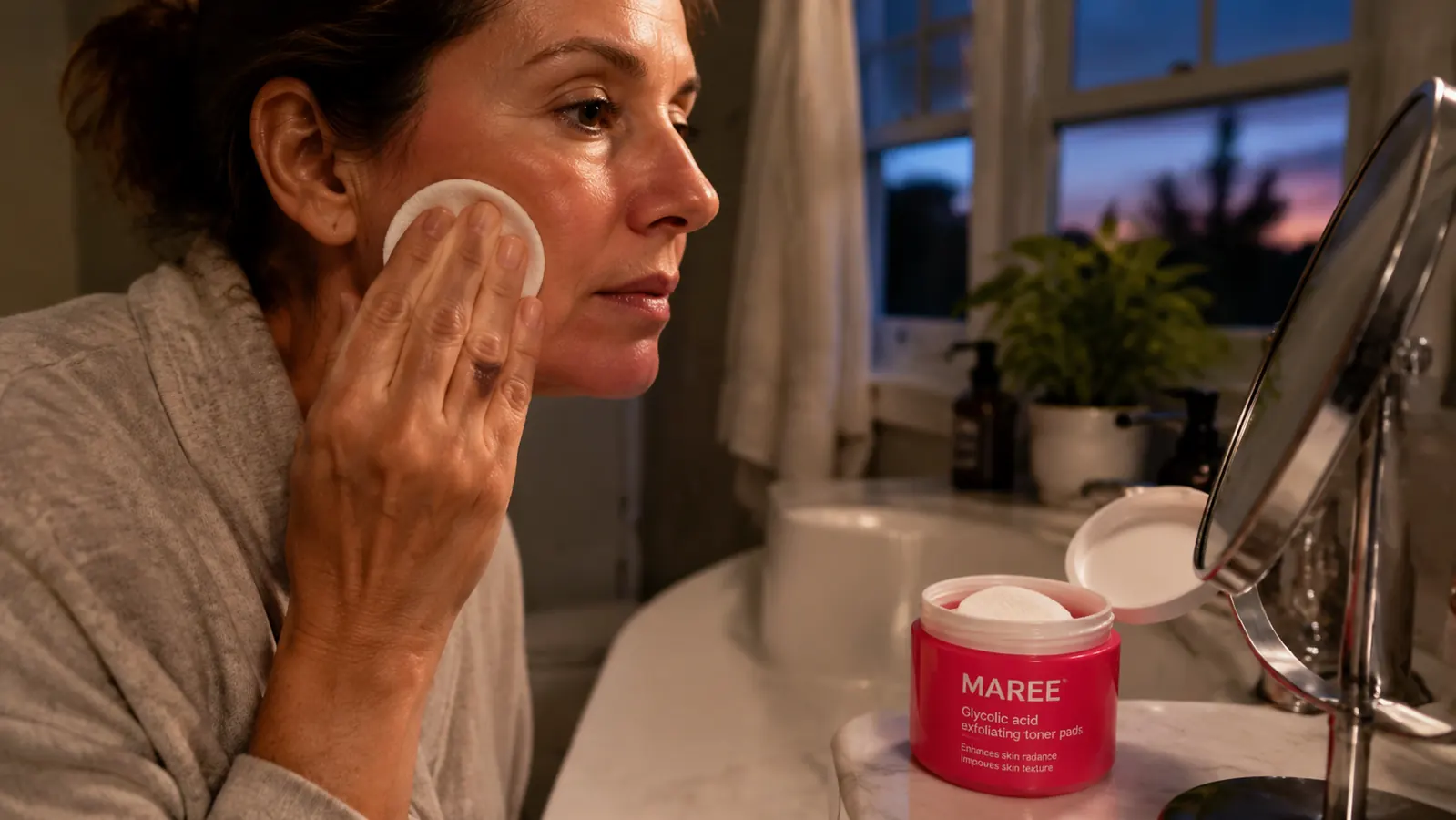 Close-up of a hand wiping a MAREE glycolic acid pad across the jawline with the pad jar visible on the counter