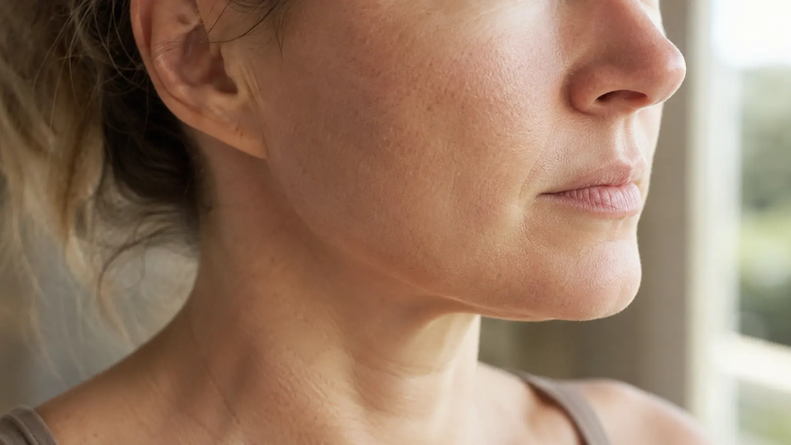 Close-up of smoother, more even-toned bare skin on a jawline in daylight, no makeup