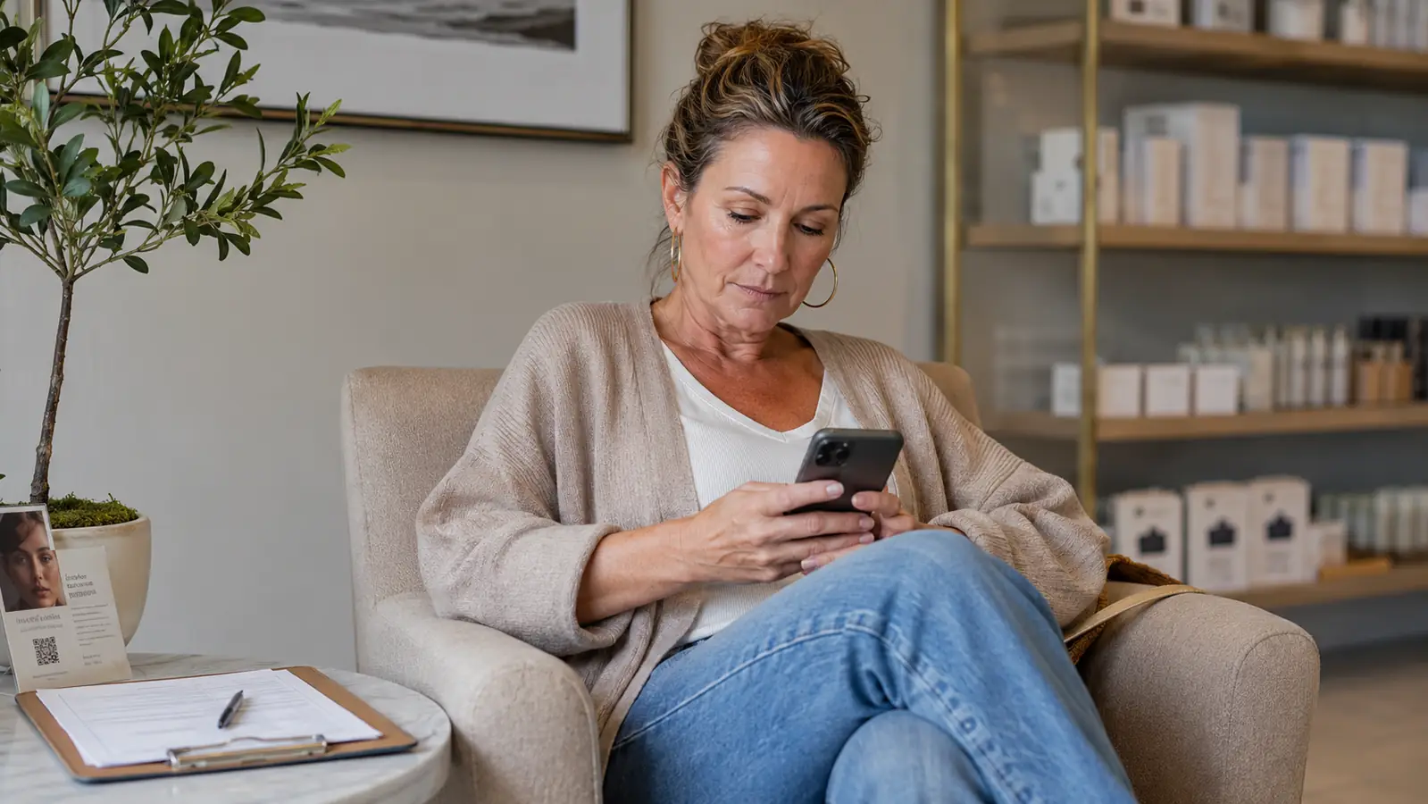 Woman in a waiting room checking her phone before an in-office chemical peel appointment
