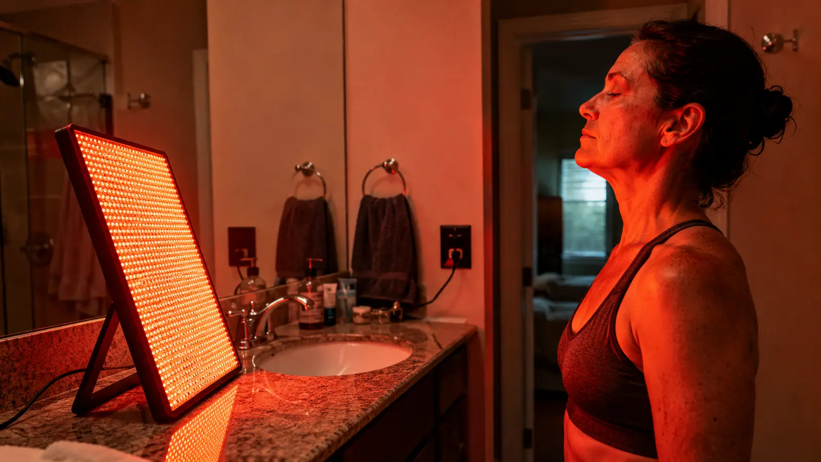 Close-up of a standalone LED light panel propped against a bathroom mirror with a person standing at an awkward distance