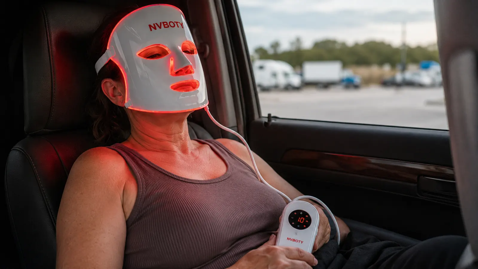 Woman wearing the glowing red light mask while resting during a break, eyes closed, ten-minute timer visible on remote